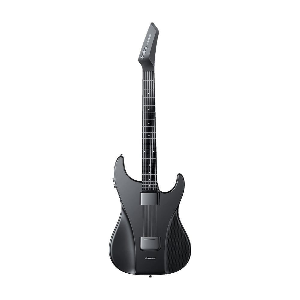 A black electric guitar with a sleek, modern body and a long neck, shown against a plain white background.