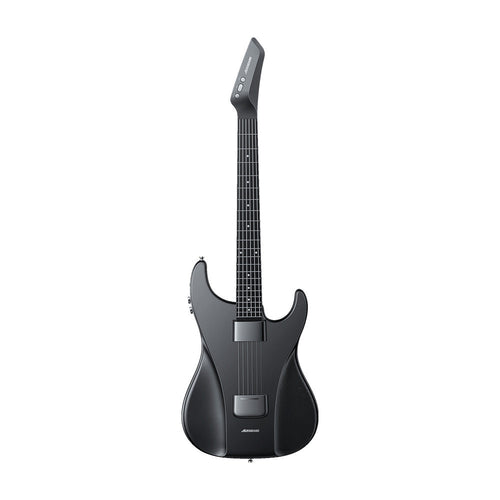 A black electric guitar with a sleek, modern body and a long neck, shown against a plain white background.