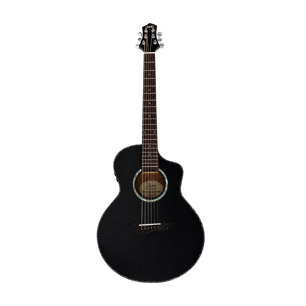 A black cutaway acoustic-electric guitar with a dark brown neck and headstock, shown against a plain white background.
