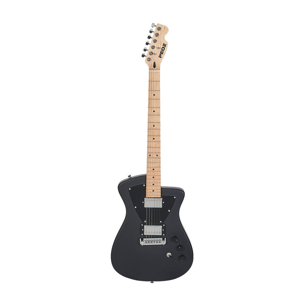 A black electric guitar with a natural maple neck and headstock, shown from a side profile view against a solid white background.