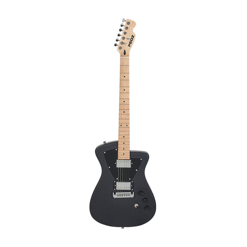 A black electric guitar with a natural maple neck and headstock, shown from a side profile view against a solid white background.
