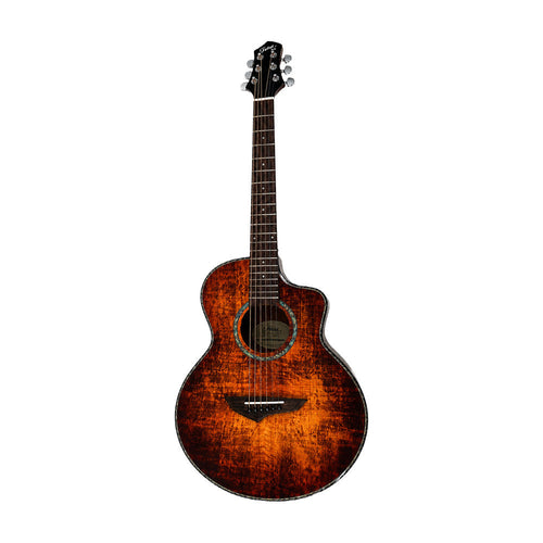A Taylor acoustic-electric guitar with a distressed sunburst finish, shown from the front against a solid white background.