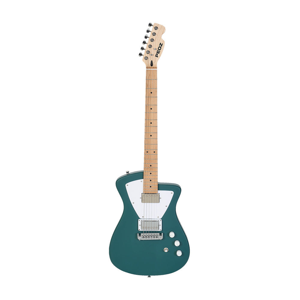 A teal green electric guitar with a maple neck and white pickguard, shown from a side profile view against a solid white background.