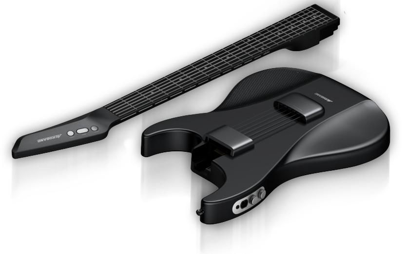 A black electronic guitar controller set consisting of a guitar-shaped body with integrated controls and a separate neck controller, shown on a clean white background.