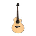 A natural wood acoustic-electric guitar with a cutaway body, dark fretboard, and black headstock, shown against a plain white background.