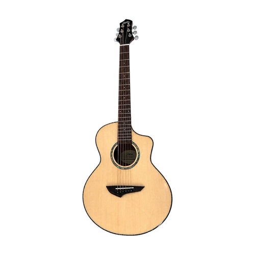 A natural wood acoustic-electric guitar with a cutaway body, dark fretboard, and black headstock, shown against a plain white background.