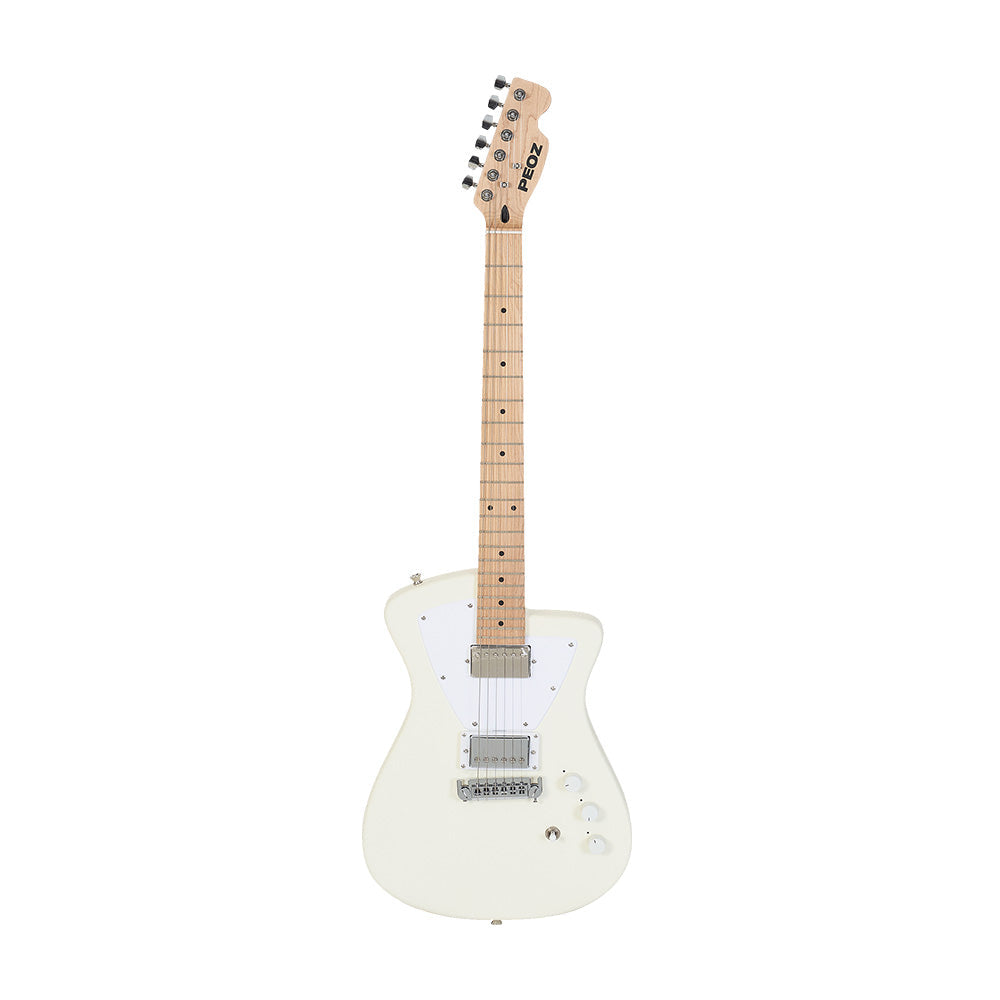 A white electric guitar with a maple neck and black headstock, shown from a side profile against a solid white background. The headstock displays the brand name 'PREOZ'.
